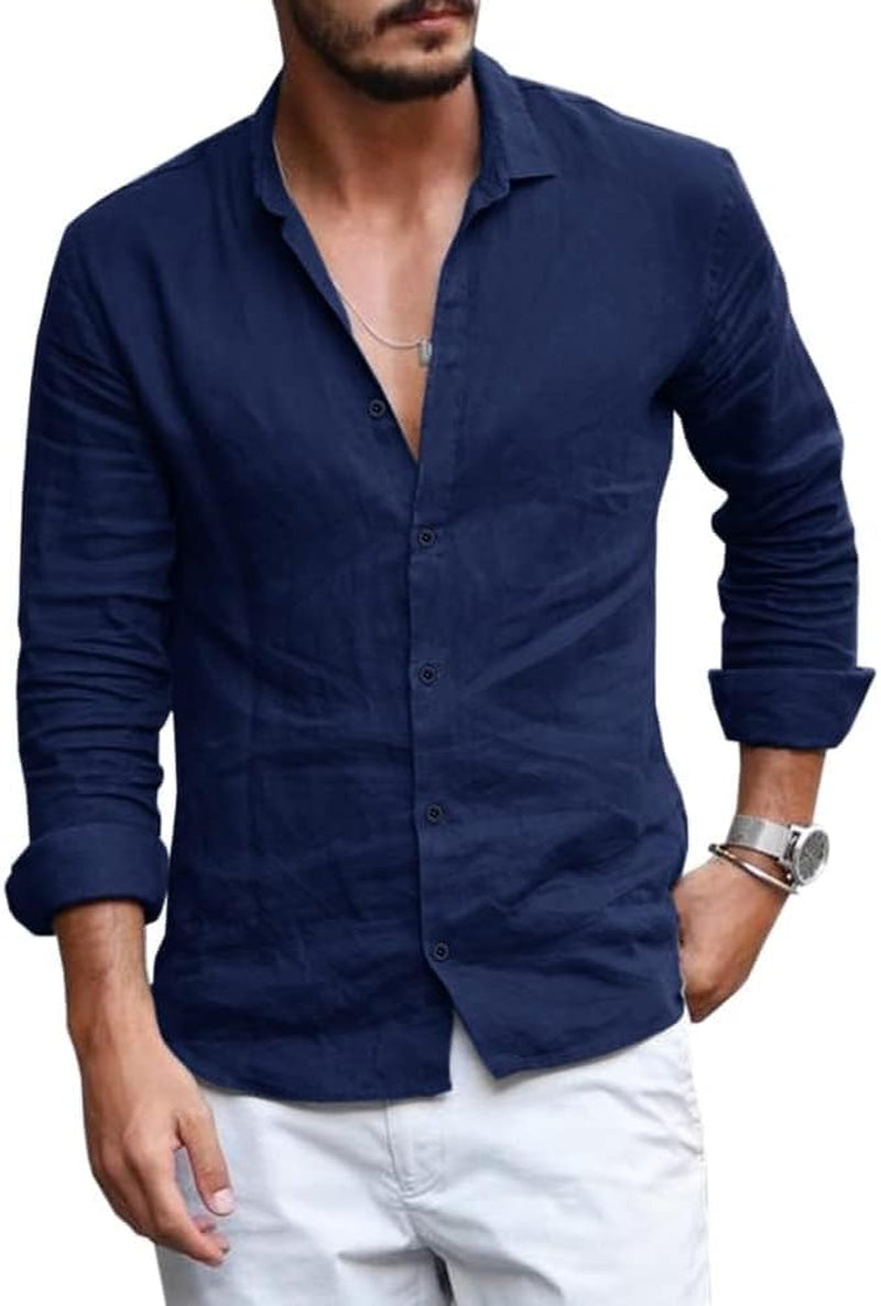 Runcati Men's Casual Long Sleeve Linen Cotton Shirt