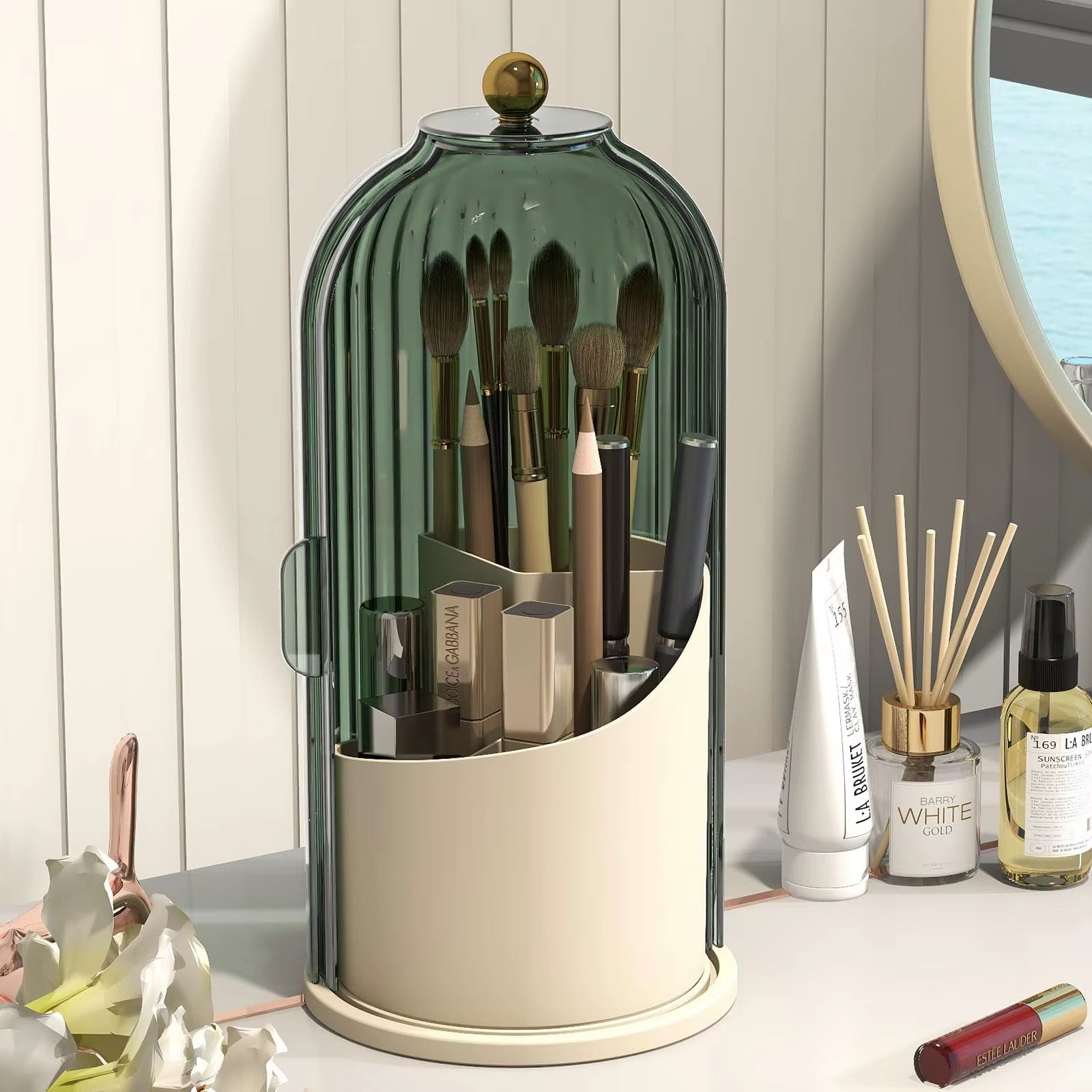 Makeup Brush Holder Organizer with Lid – 360° Rotating Clear Dustproof Makeup Brush Organizer for Vanity, Desktop & Bathroom