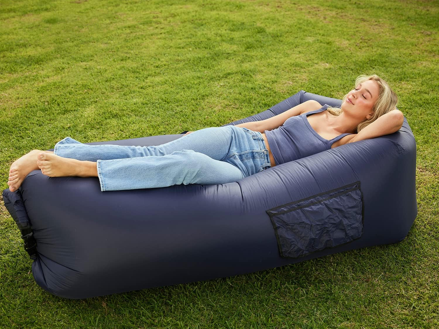 Inflatable Lounger Air Sofa — Mesh-Bottom, Anti-Leak, 700 lb Capacity, with Carry Bag & Stakes