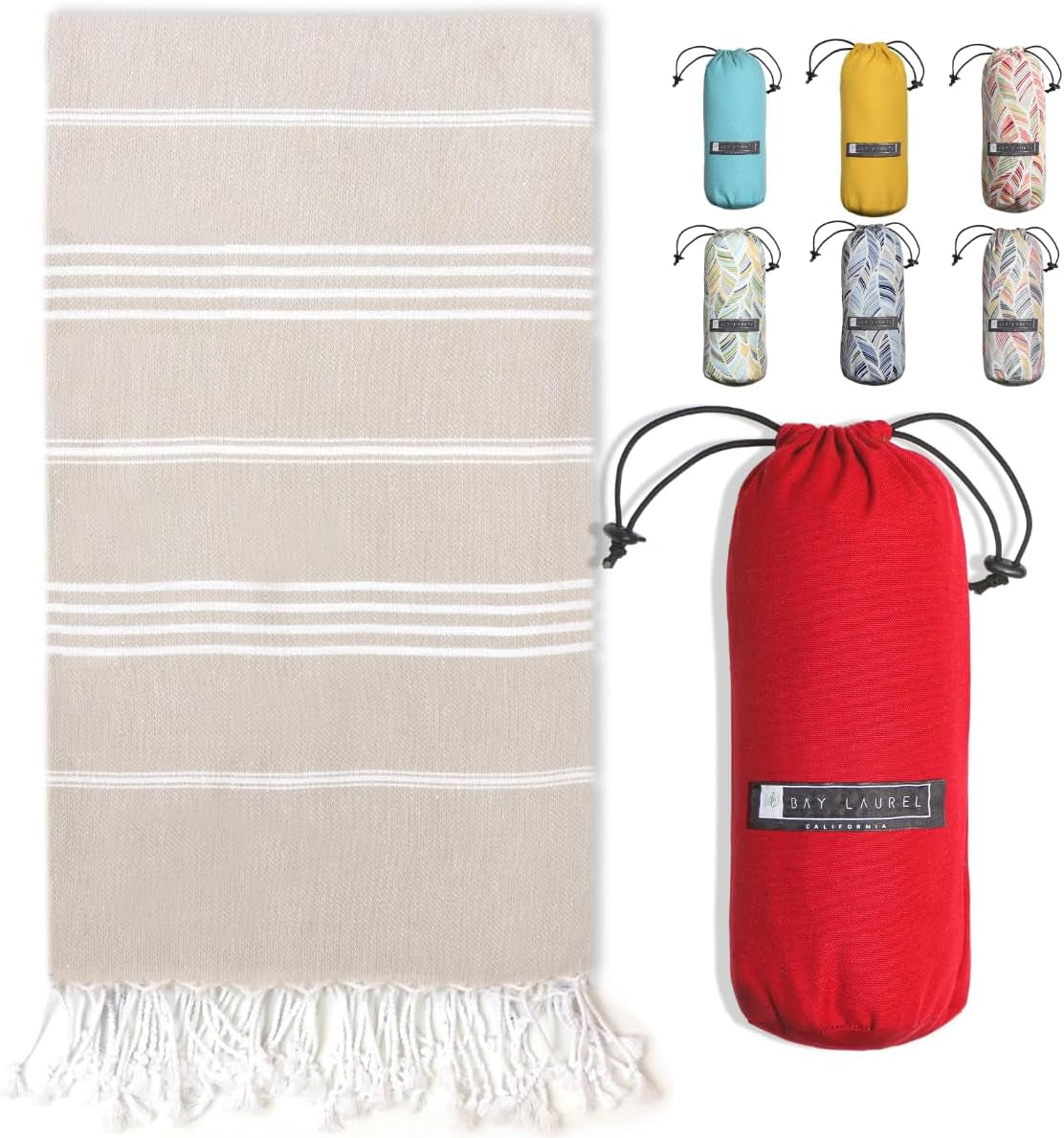 Bay Laurel Turkish Beach Towel with Travel Bag — Oversized 39" × 71", Quick-Dry & Sand-Free