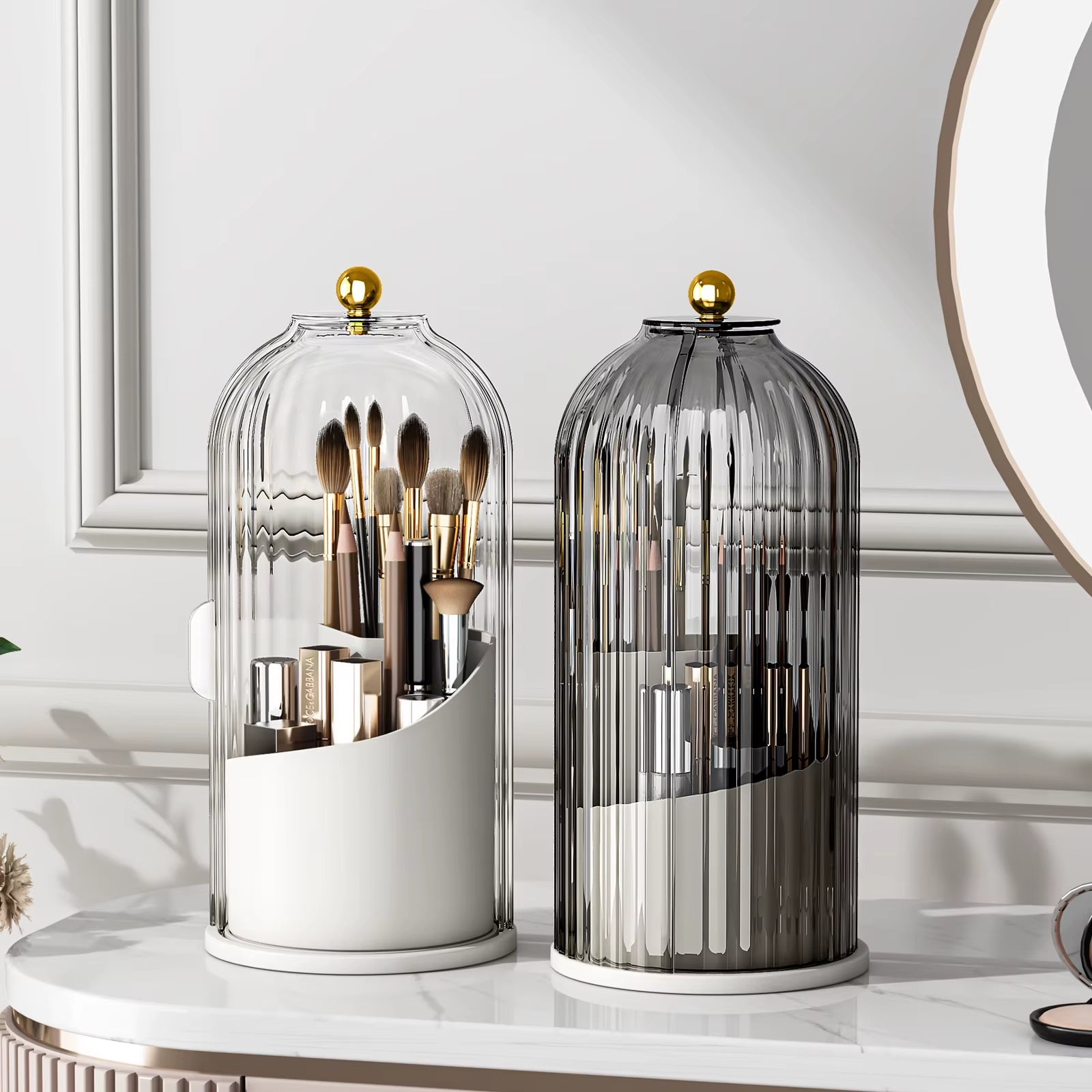 Makeup Brush Holder Organizer with Lid – 360° Rotating Clear Dustproof Makeup Brush Organizer for Vanity, Desktop & Bathroom