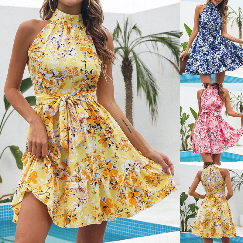 Floral Halterneck Ruffled Dress – Summer Elegance Redefined