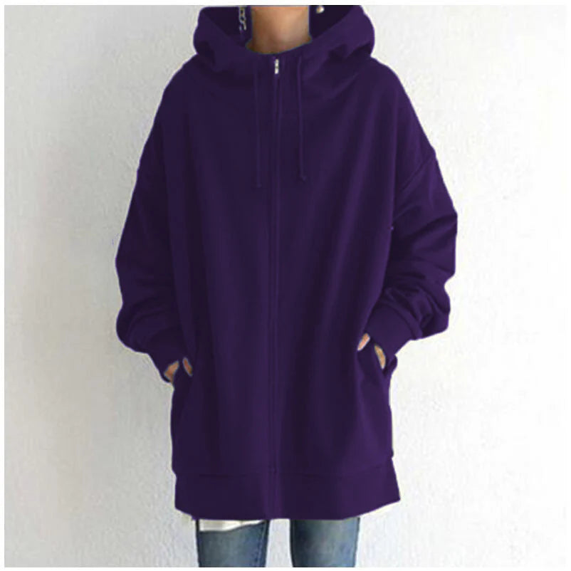 Women’s Oversized Hooded Coat – Long Zip-Up Velvet Sweatshirt, Tie-Collar Loose Fit Jacket (S–5XL)