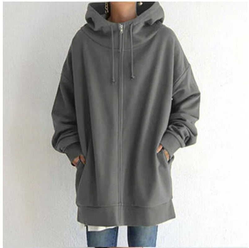 Women’s Oversized Hooded Coat – Long Zip-Up Velvet Sweatshirt, Tie-Collar Loose Fit Jacket (S–5XL)