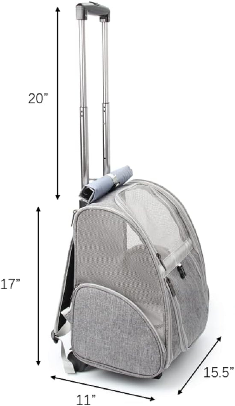 2-in-1 Rolling Pet Carrier Backpack, Grey — Telescopic Handle & Wheels, Breathable Mesh, Fits Small Dogs & Cats up to 16 lb.