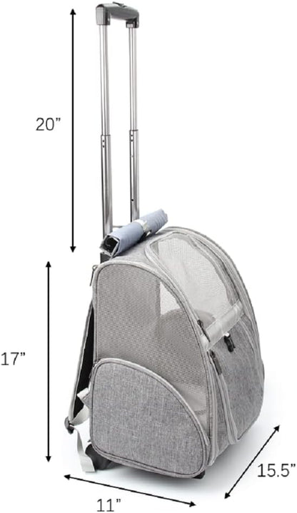 2-in-1 Rolling Pet Carrier Backpack, Grey — Telescopic Handle & Wheels, Breathable Mesh, Fits Small Dogs & Cats up to 16 lb.