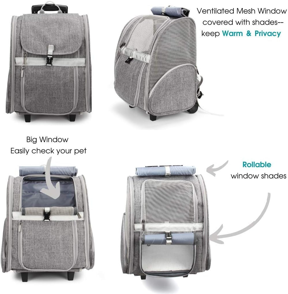 2-in-1 Rolling Pet Carrier Backpack, Grey — Telescopic Handle & Wheels, Breathable Mesh, Fits Small Dogs & Cats up to 16 lb.