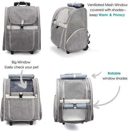 2-in-1 Rolling Pet Carrier Backpack, Grey — Telescopic Handle & Wheels, Breathable Mesh, Fits Small Dogs & Cats up to 16 lb.