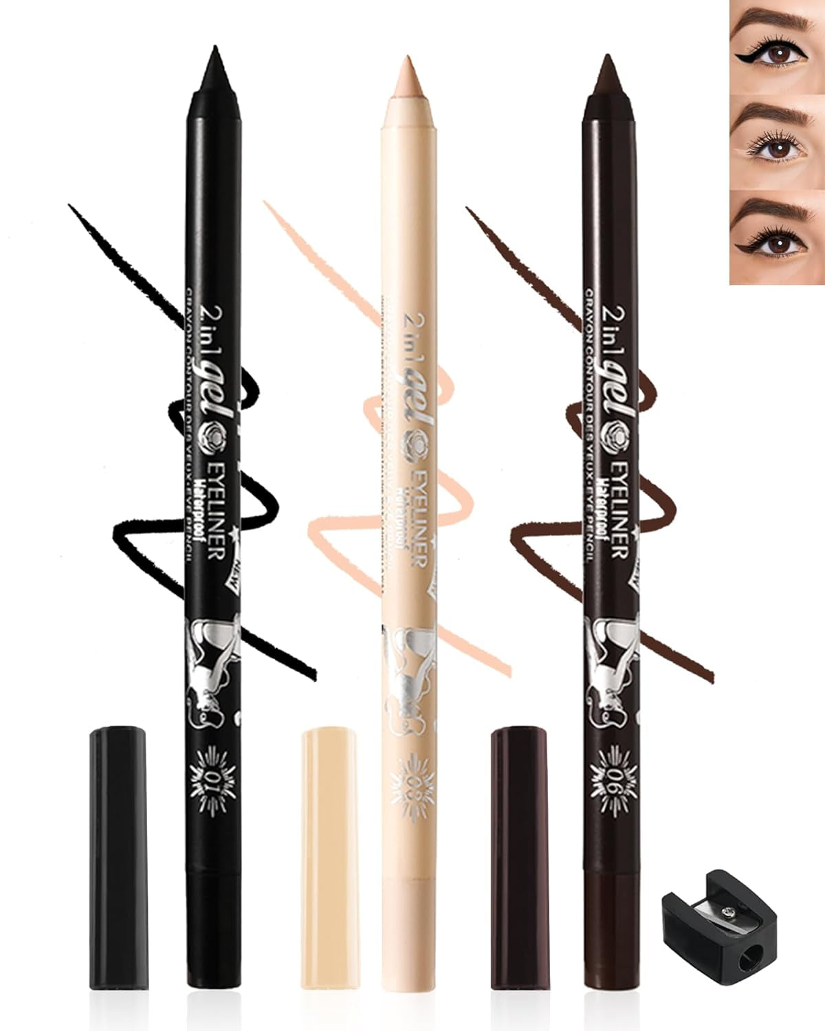 3-Piece Multi-Use Colored Gel Eyeliner Pencil Set | Long-Lasting Waterproof & Smudge proof Eyeliner, Eyeshadow & Lip Liner Pencils – Professional K-Beauty Eye Makeup Kit with Sharpener