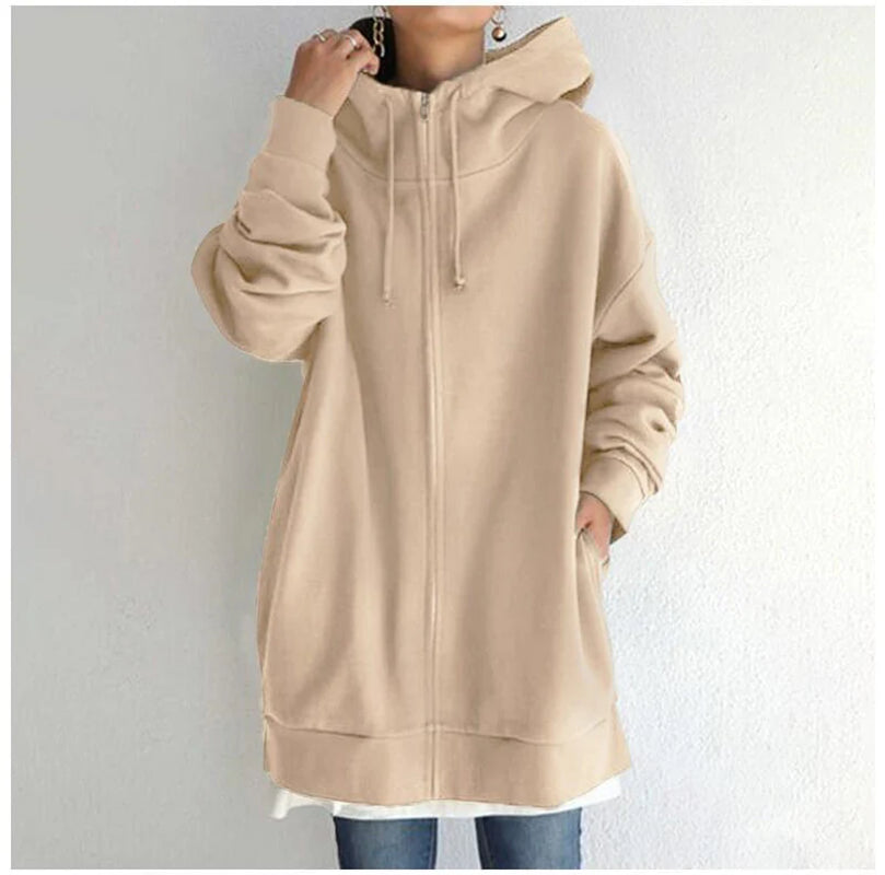 Women’s Oversized Hooded Coat – Long Zip-Up Velvet Sweatshirt, Tie-Collar Loose Fit Jacket (S–5XL)