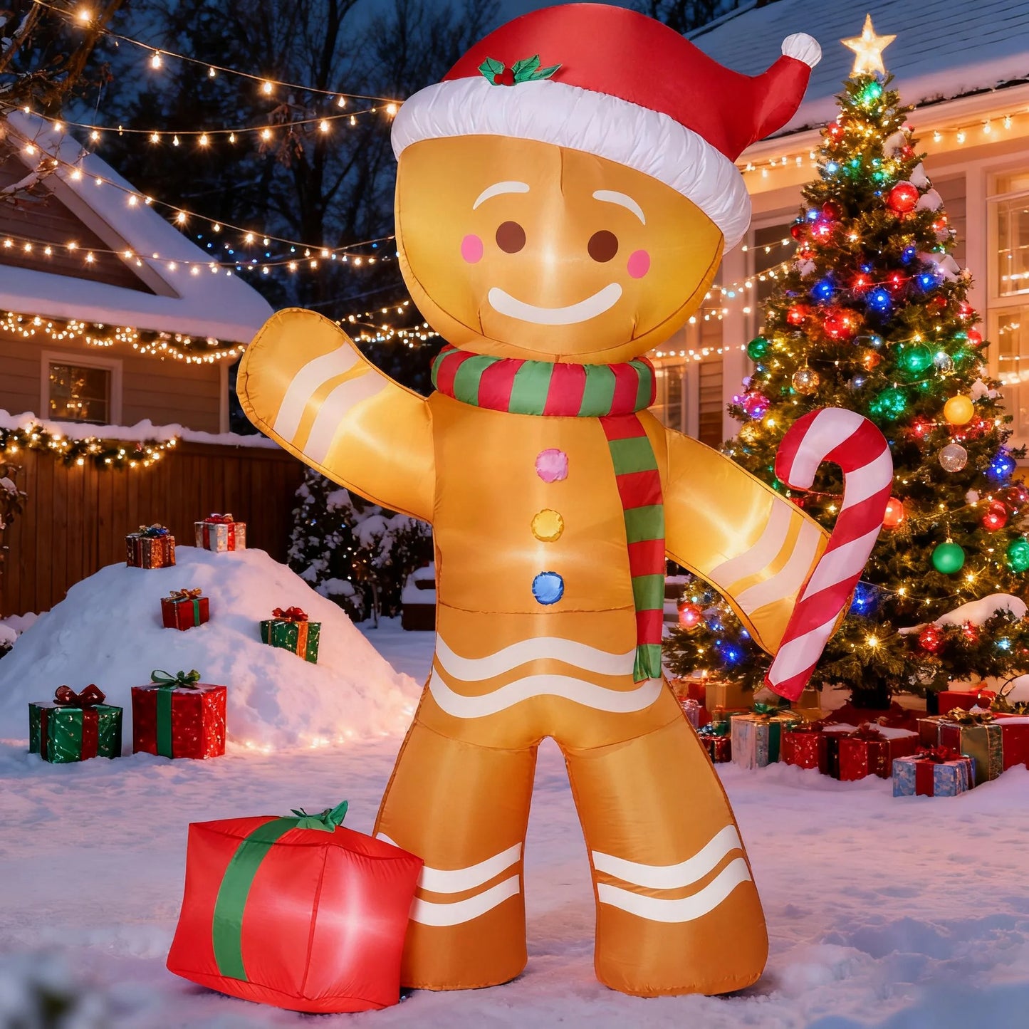 8 FT Inflatable Gingerbread Man with Candy Cane & LED Lights – Giant Christmas Blow-Up Outdoor Decoration for Yard, Garden & Holiday Party Décor