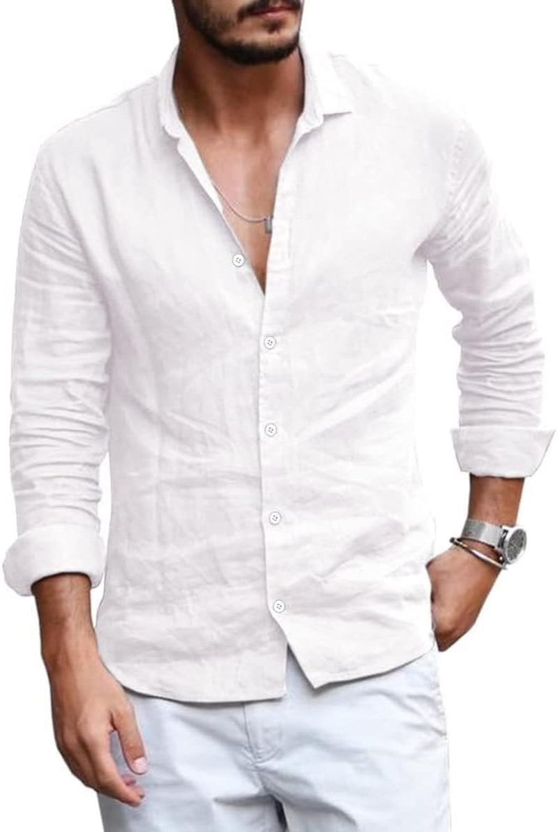 Runcati Men's Casual Long Sleeve Linen Cotton Shirt