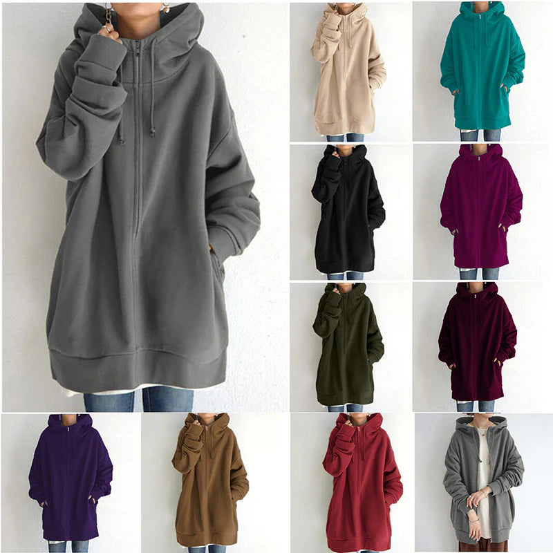 Women’s Oversized Hooded Coat – Long Zip-Up Velvet Sweatshirt, Tie-Collar Loose Fit Jacket (S–5XL)