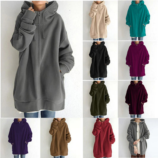 Women’s Oversized Hooded Coat – Long Zip-Up Velvet Sweatshirt, Tie-Collar Loose Fit Jacket (S–5XL)