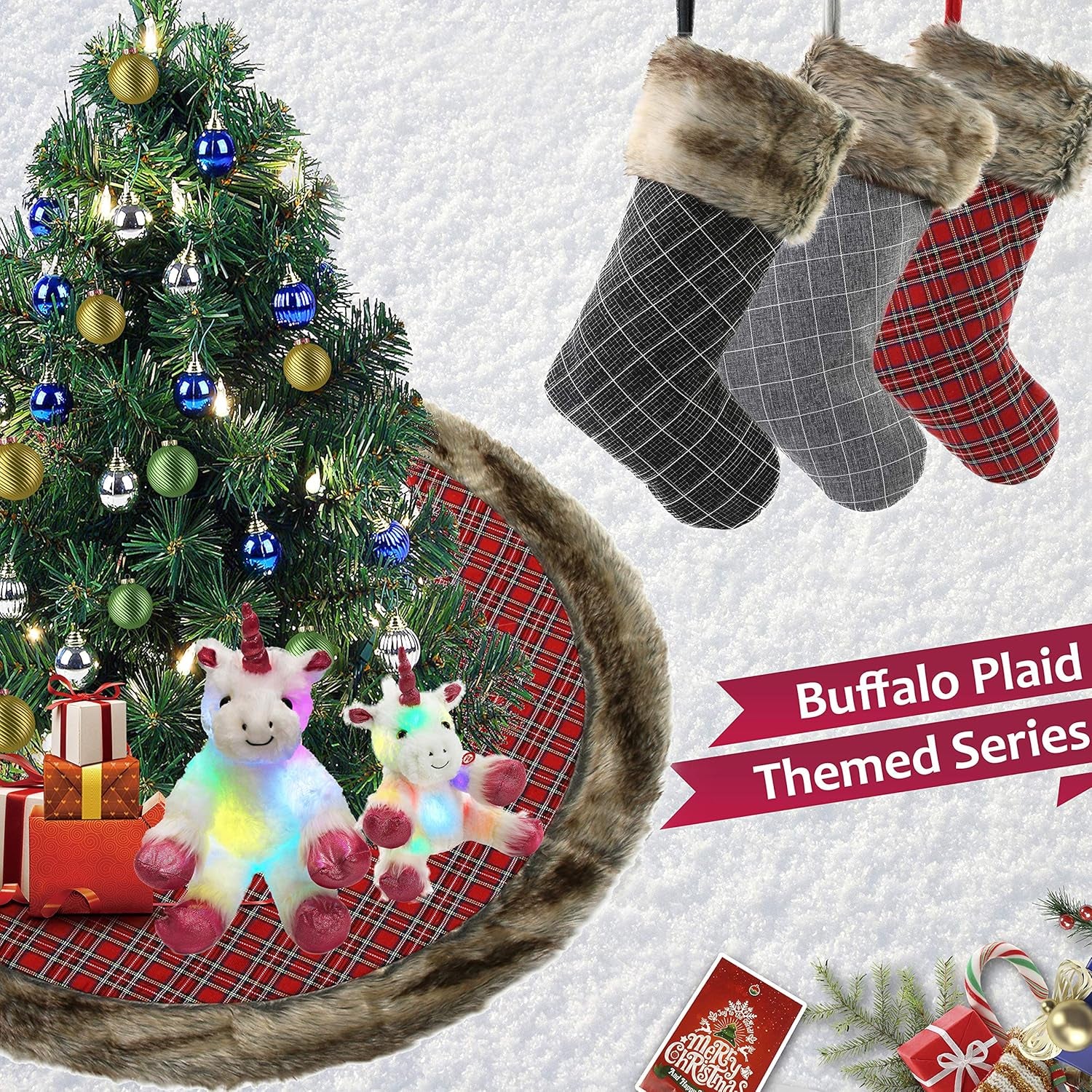 Set of 3 Buffalo Plaid Christmas Stockings – 19” Holiday Stockings with Faux Fur Cuff, Rustic Fireplace Décor for Family Gifts