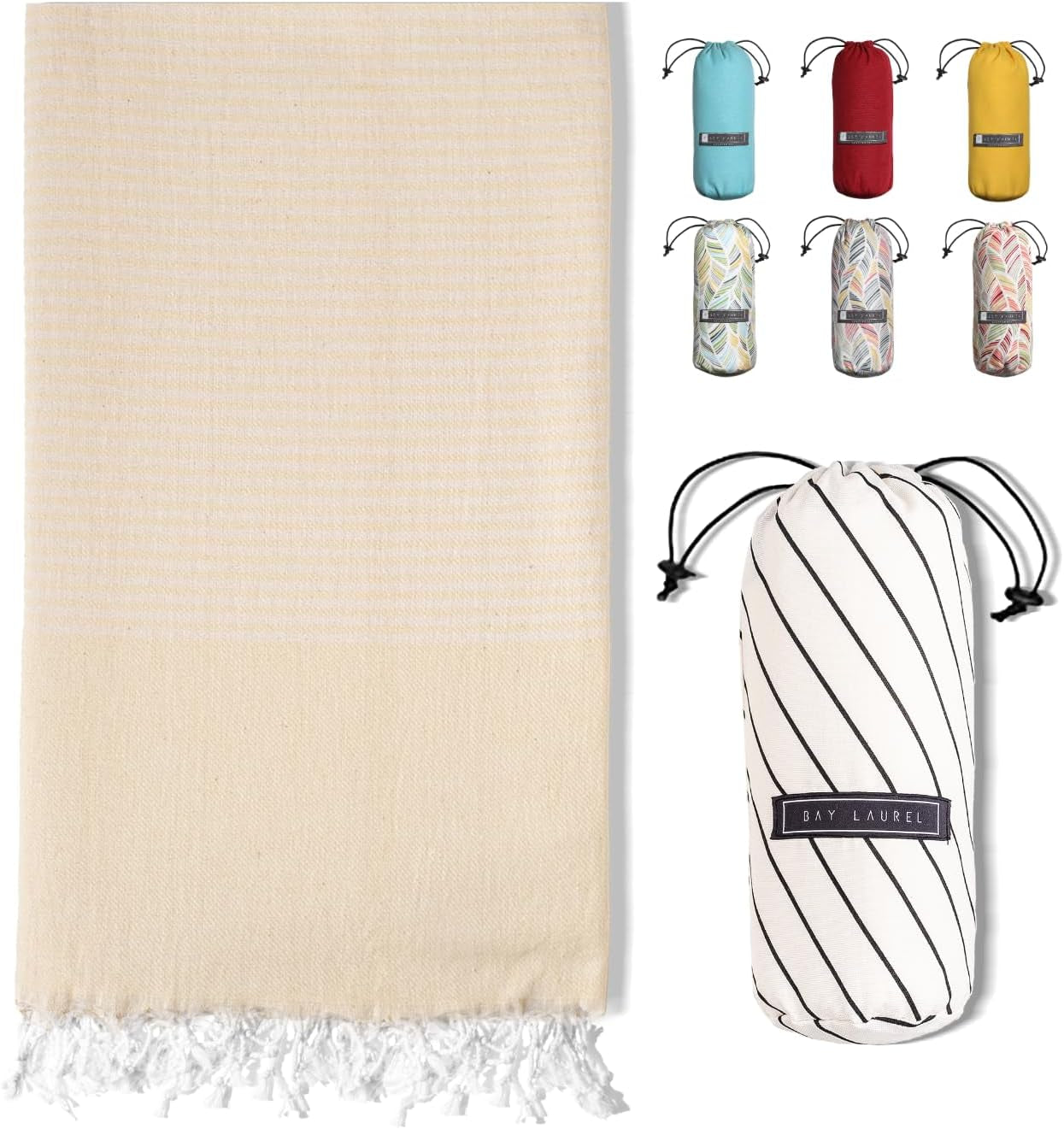 Bay Laurel Turkish Beach Towel with Travel Bag — Oversized 39" × 71", Quick-Dry & Sand-Free