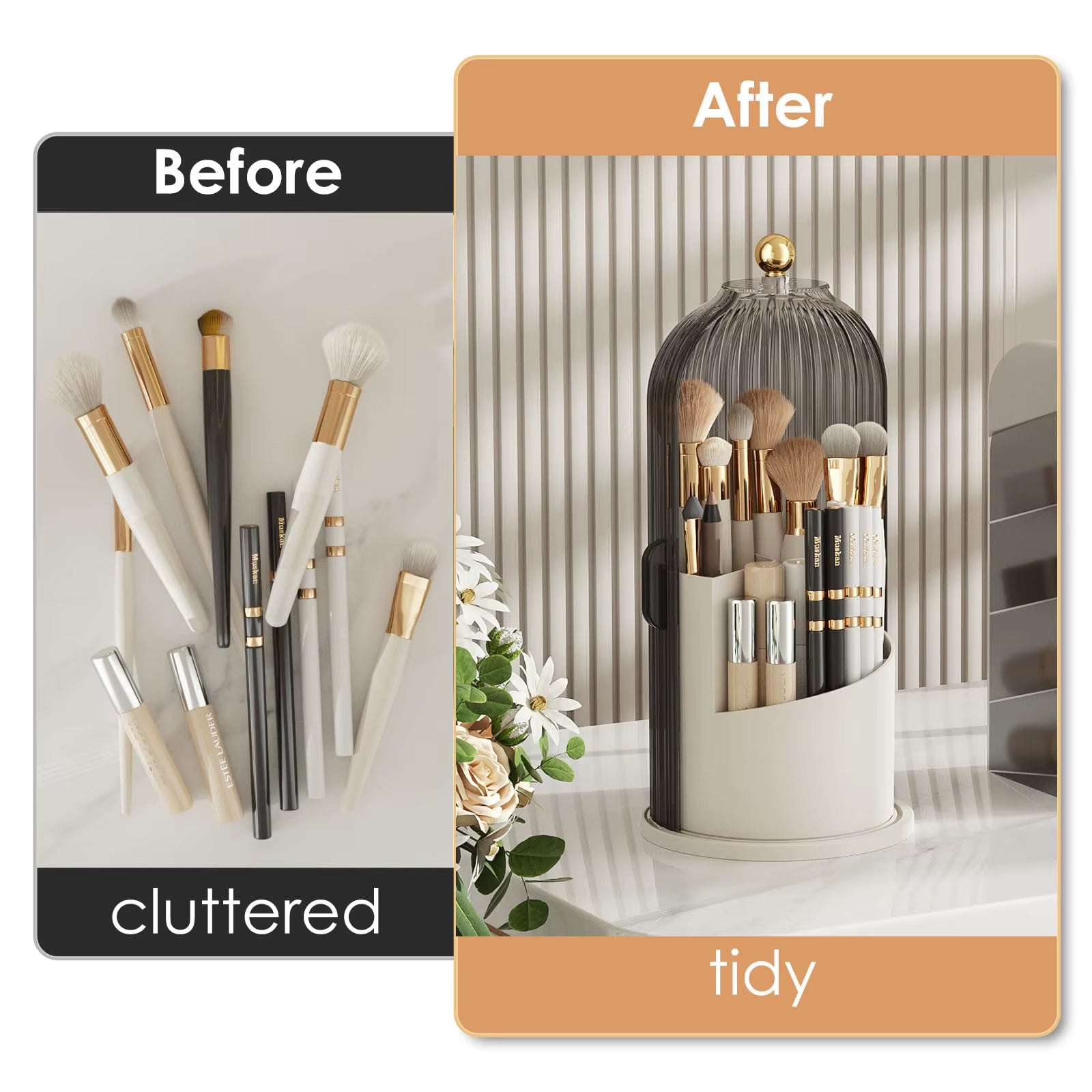 Makeup Brush Holder Organizer with Lid – 360° Rotating Clear Dustproof Makeup Brush Organizer for Vanity, Desktop & Bathroom