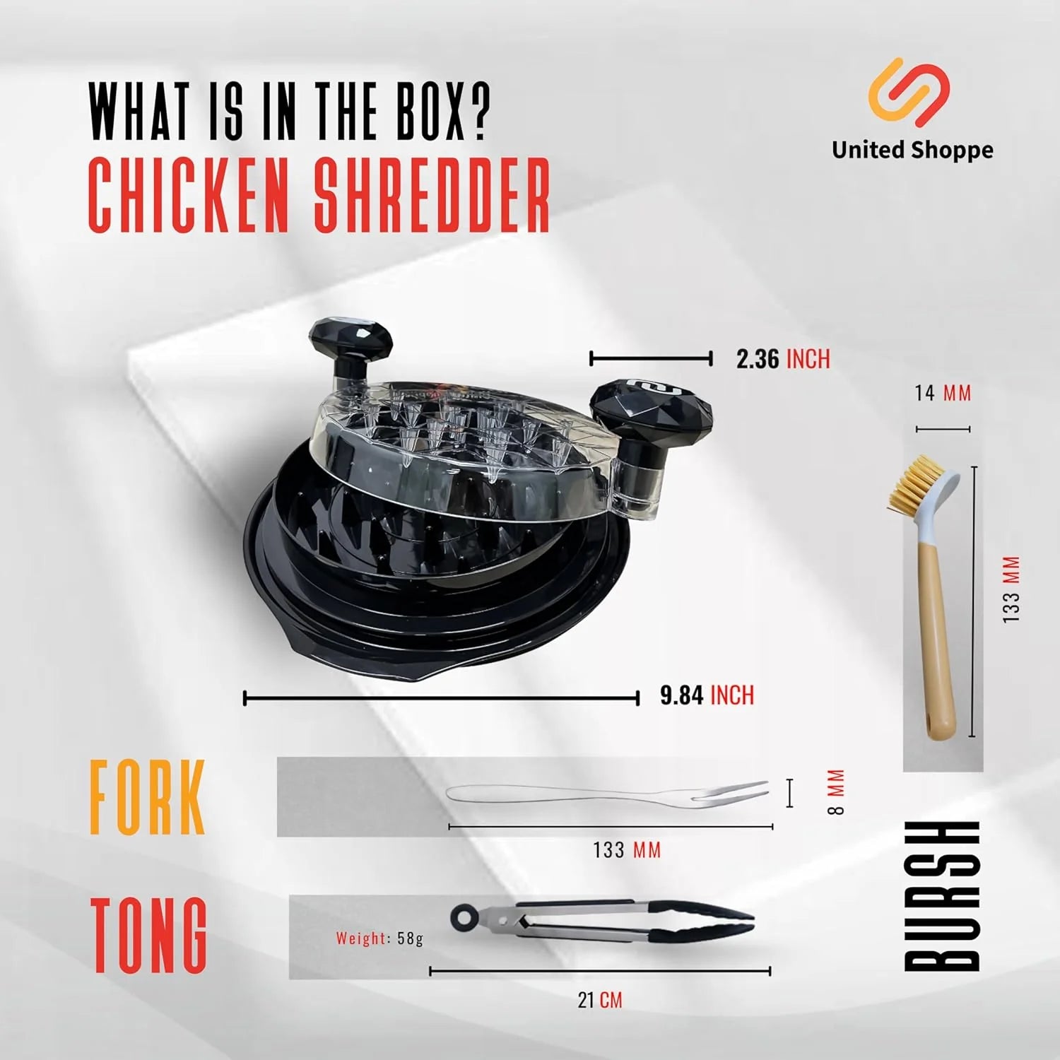 Transform Your Cooking with the 3-in-1 Pro Chicken Shredder Tool - Effortless Shredding for Chicken, Pork, and Beef with Included Cleaning Brush, Tongs & Fork - Heat Resistant, Dishwasher Safe & Anti-Slip Design