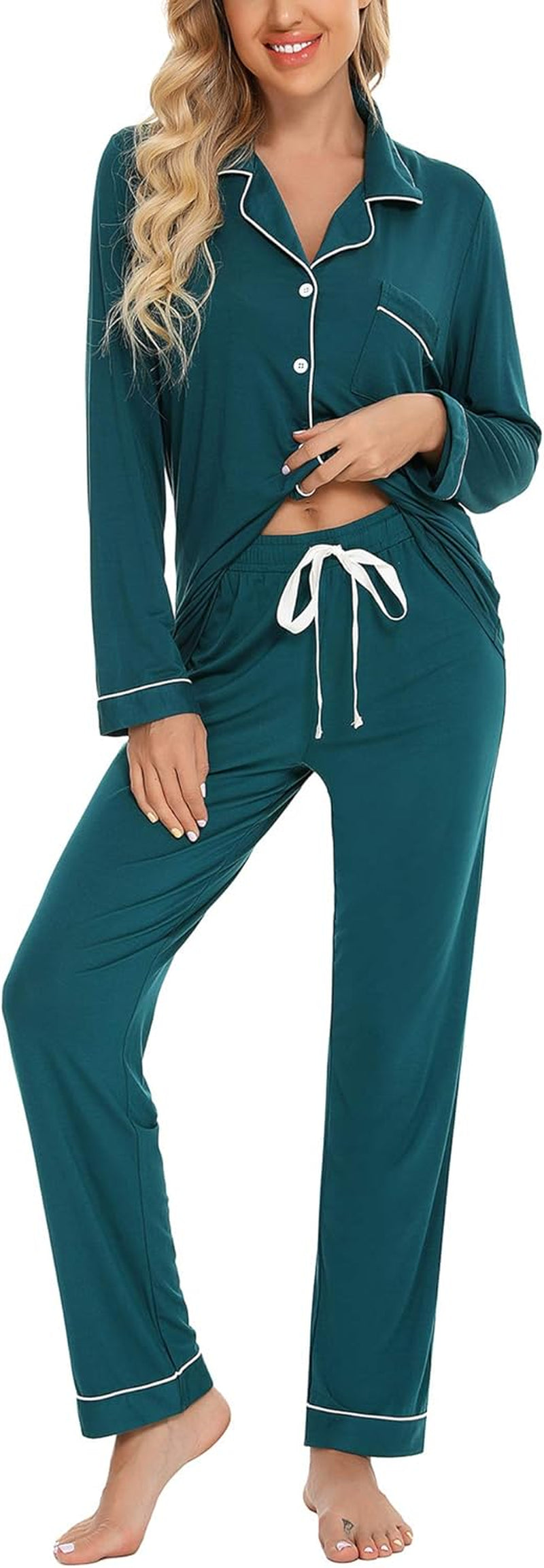 Luxuriously Soft Women's Button-Up Pajama Set - Cozy Long Sleeve Shirt and Pants Lounge Set in Elegant Green (Sizes S-XXL)