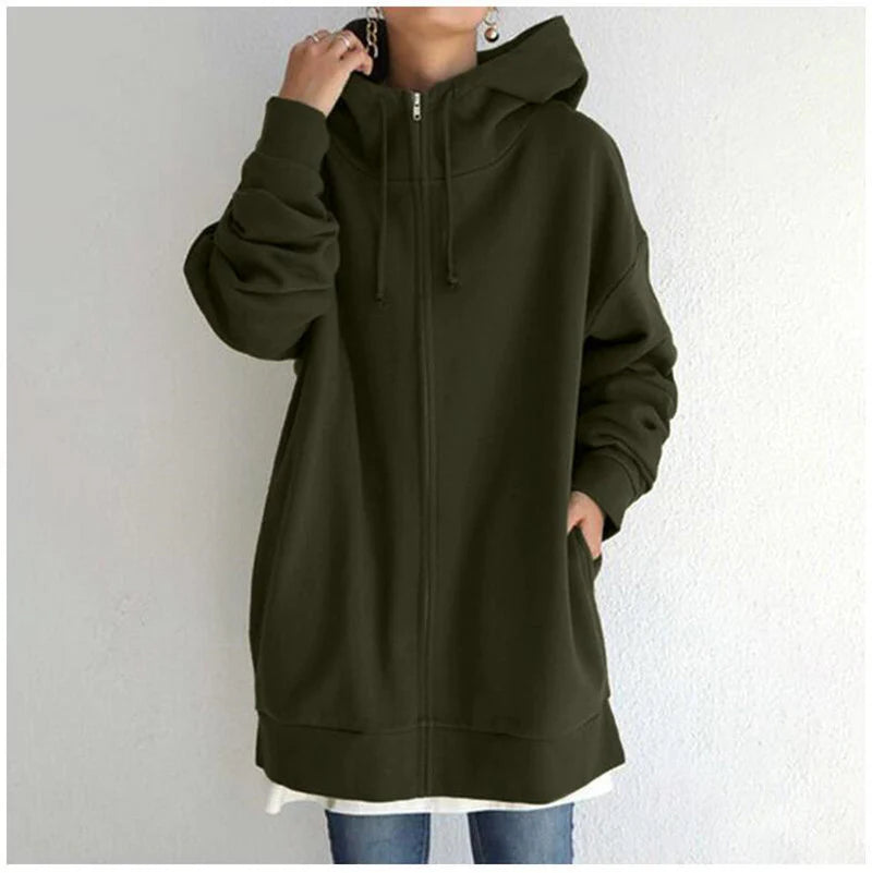 Women’s Oversized Hooded Coat – Long Zip-Up Velvet Sweatshirt, Tie-Collar Loose Fit Jacket (S–5XL)