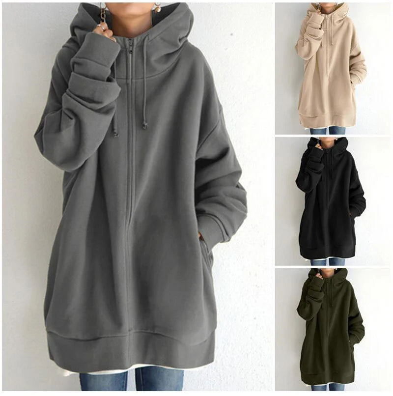 Women’s Oversized Hooded Coat – Long Zip-Up Velvet Sweatshirt, Tie-Collar Loose Fit Jacket (S–5XL)