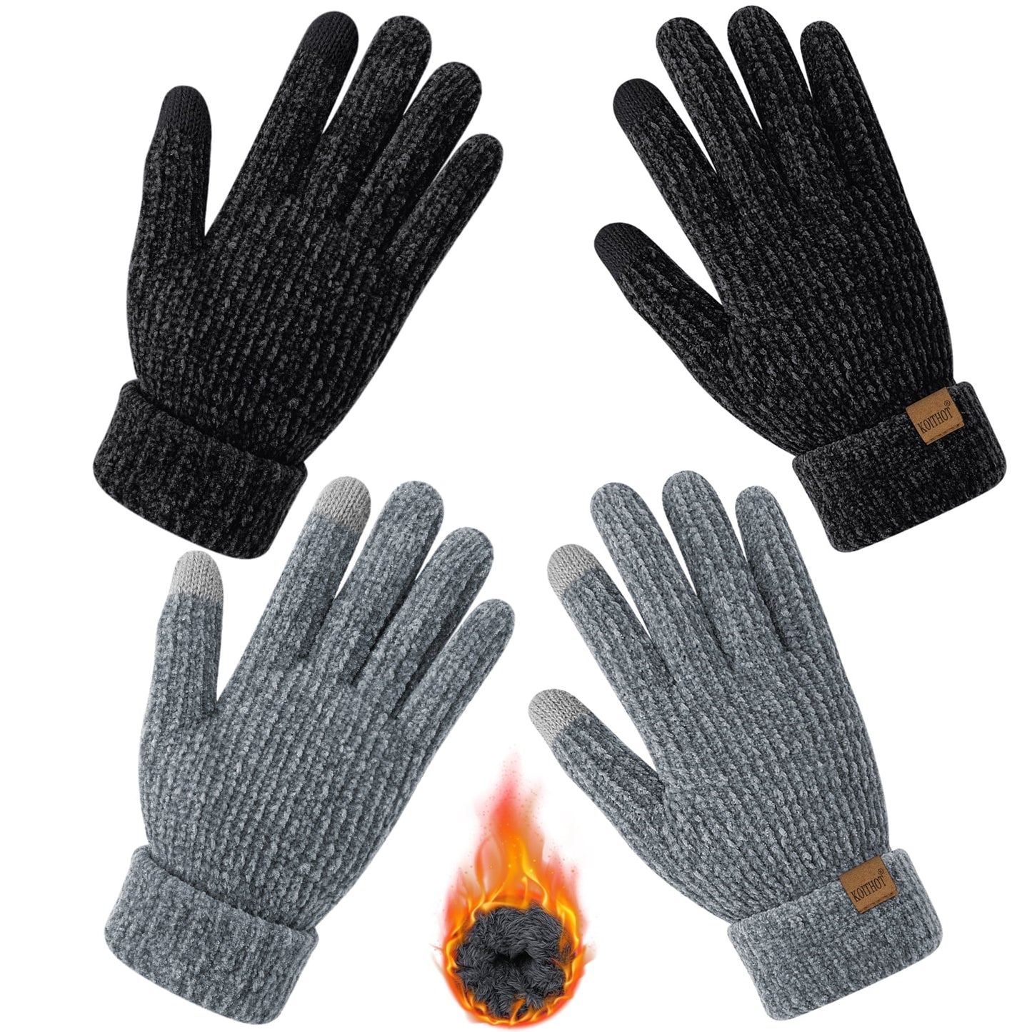 2 Pairs Women’s Winter Gloves Chenille Thick Warm Lined Touchscreen Gloves – Soft Cozy Weatherproof Mittens for Cold Weather