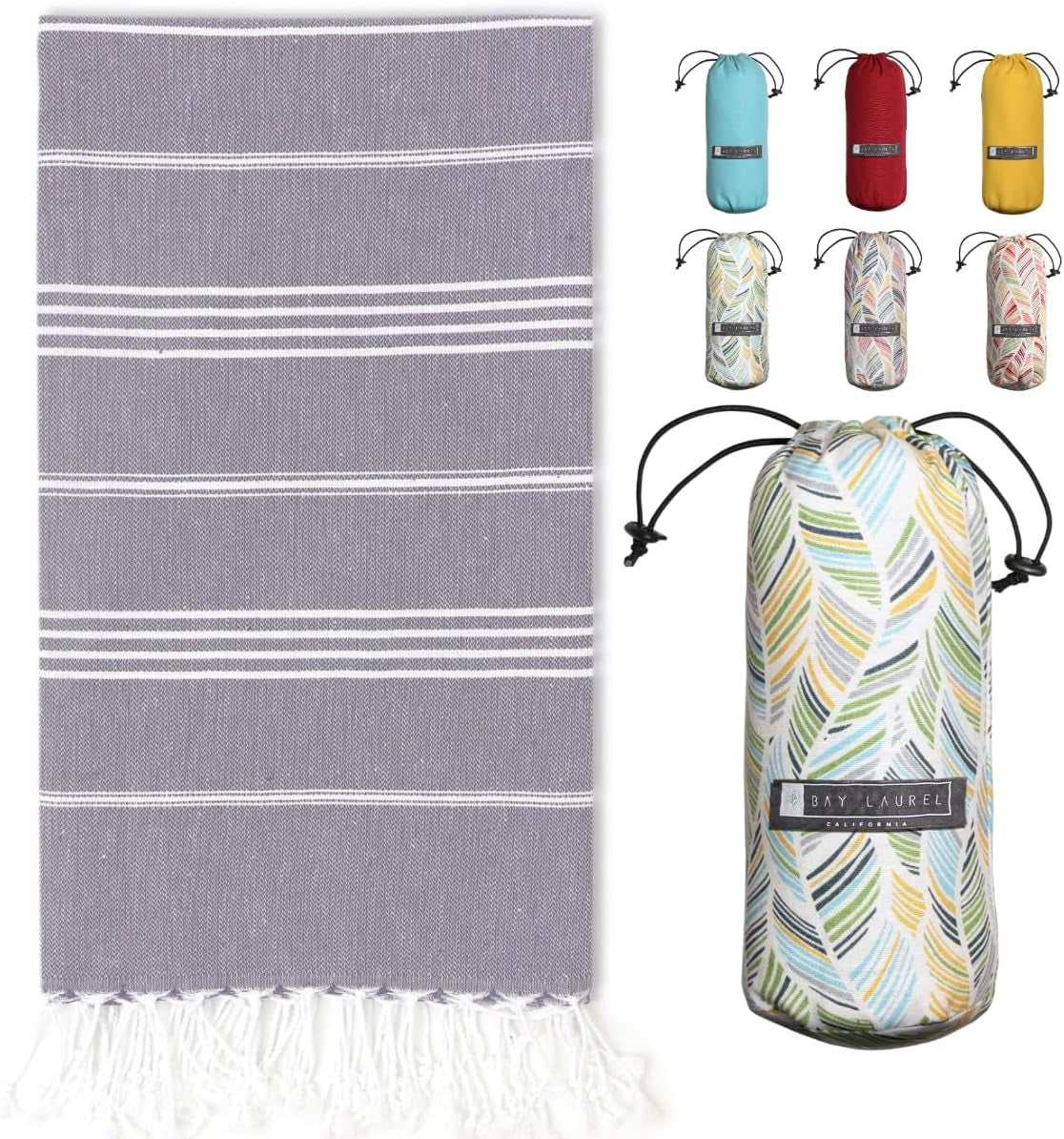 Bay Laurel Turkish Beach Towel with Travel Bag — Oversized 39" × 71", Quick-Dry & Sand-Free