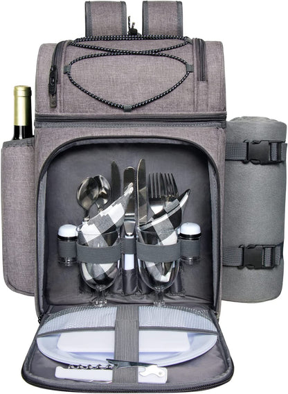 Picnic Basket Backpack for 4 – Insulated Leak-Proof Cooler, Wine Holder, Fleece Blanket & Full Cutlery Set