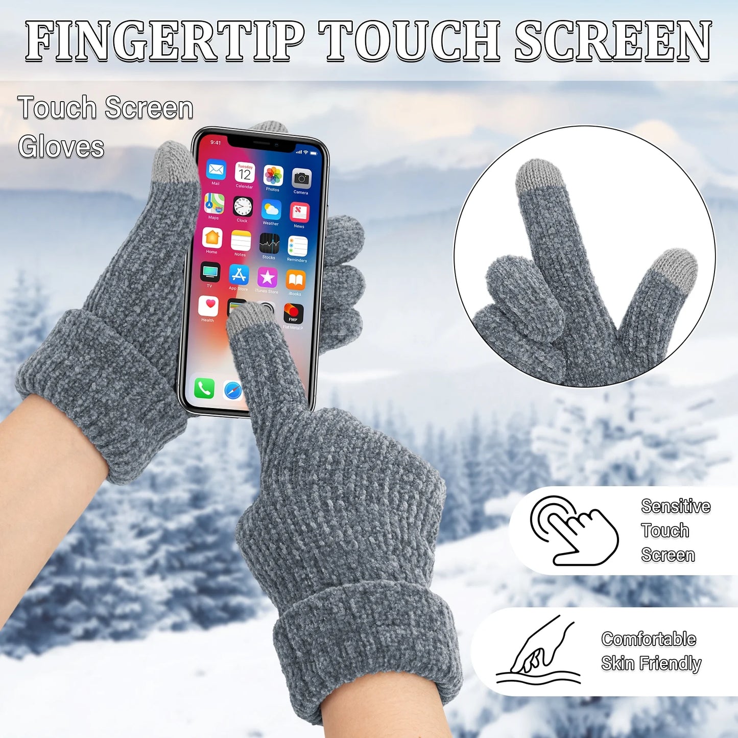 2 Pairs Women’s Winter Gloves Chenille Thick Warm Lined Touchscreen Gloves – Soft Cozy Weatherproof Mittens for Cold Weather
