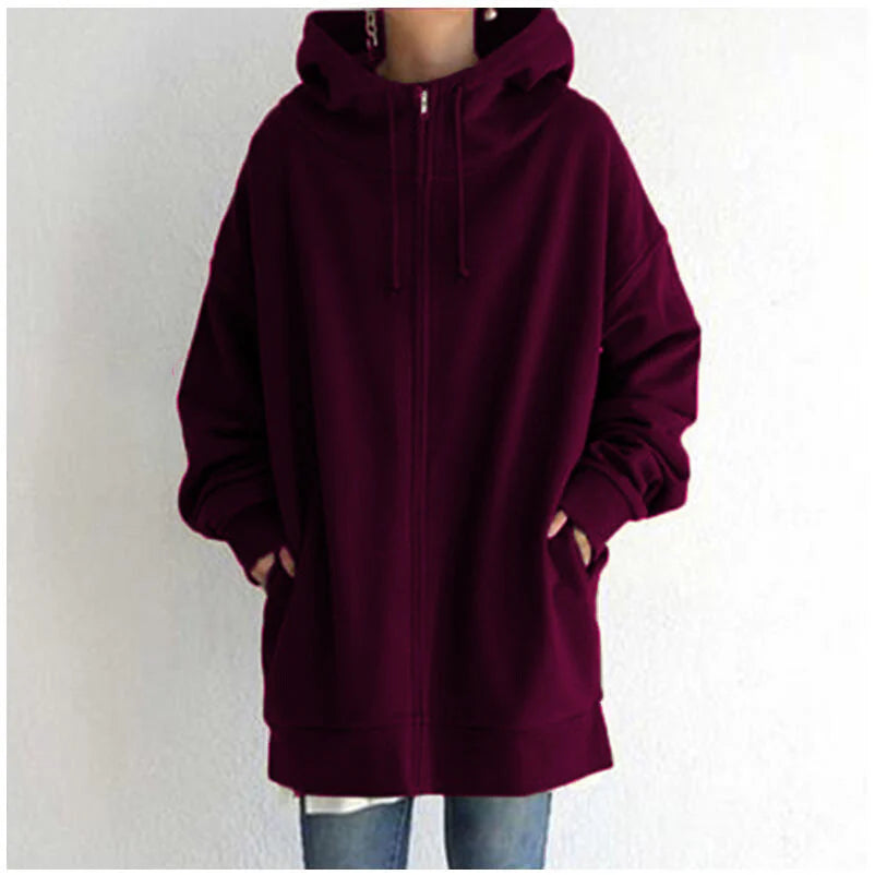 Women’s Oversized Hooded Coat – Long Zip-Up Velvet Sweatshirt, Tie-Collar Loose Fit Jacket (S–5XL)