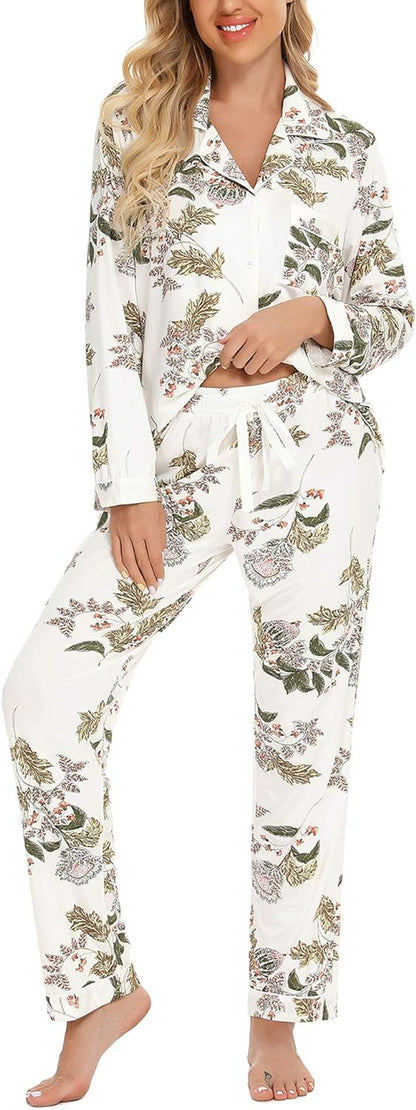 Luxuriously Soft Women's Button-Up Pajama Set - Cozy Long Sleeve Shirt and Pants Lounge Set in Elegant Green (Sizes S-XXL)