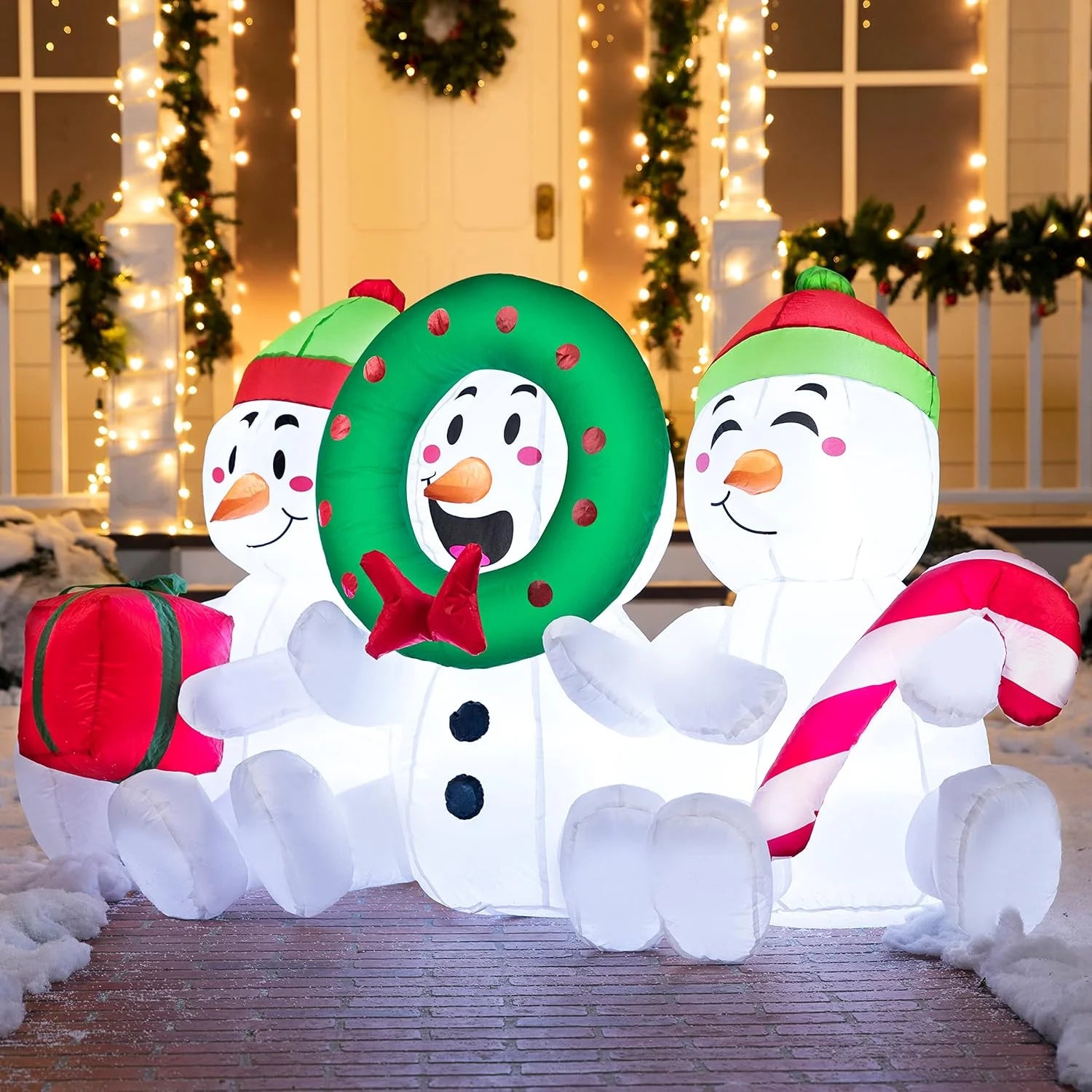 6 FT Inflatable Snowmen Outdoor Decoration with Built-In LED Lights – Three Sitting Snowmen Christmas Blow-Up for Yard, Lawn & Holiday Party Décor