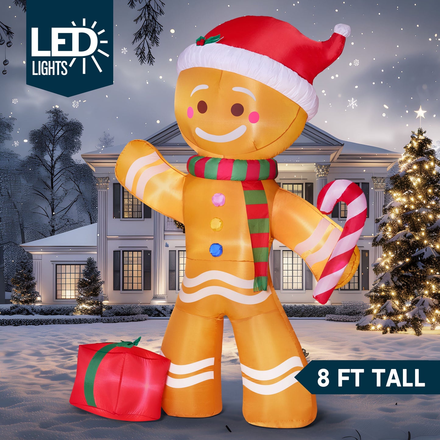 8 FT Inflatable Gingerbread Man with Candy Cane & LED Lights – Giant Christmas Blow-Up Outdoor Decoration for Yard, Garden & Holiday Party Décor