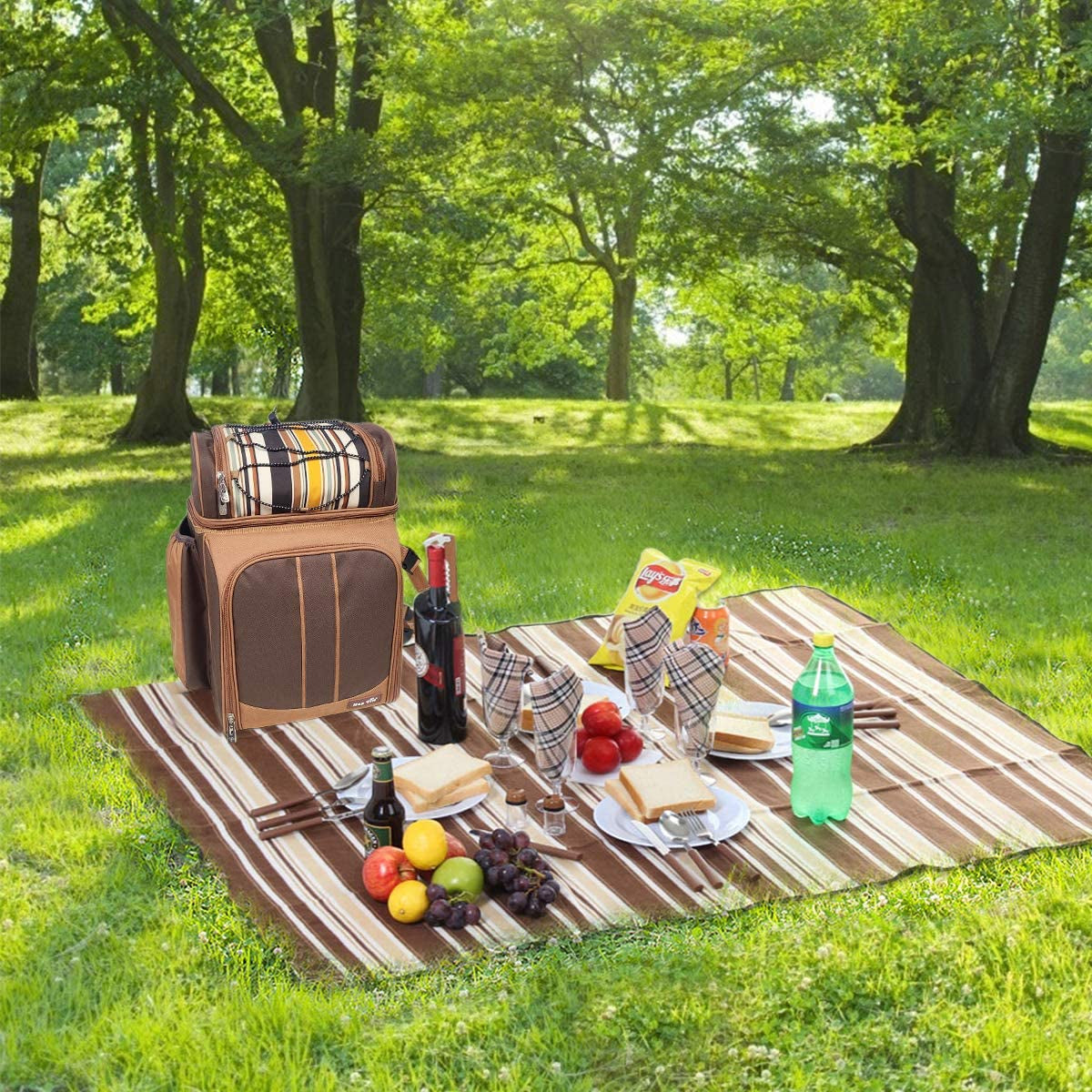 Picnic Basket Backpack for 4 – Insulated Leak-Proof Cooler, Wine Holder, Fleece Blanket & Full Cutlery Set
