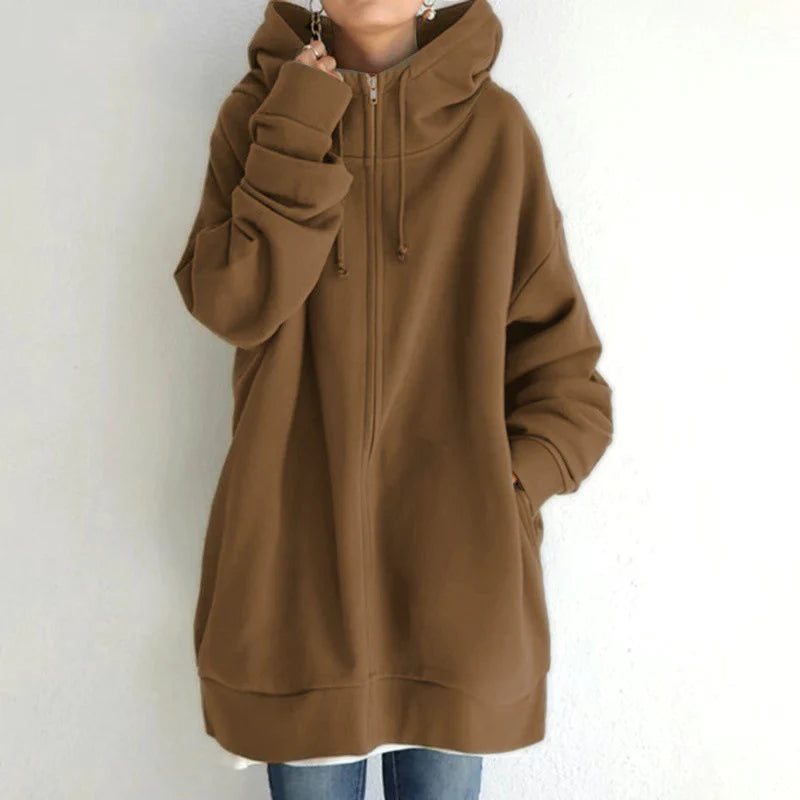 Women’s Oversized Hooded Coat – Long Zip-Up Velvet Sweatshirt, Tie-Collar Loose Fit Jacket (S–5XL)