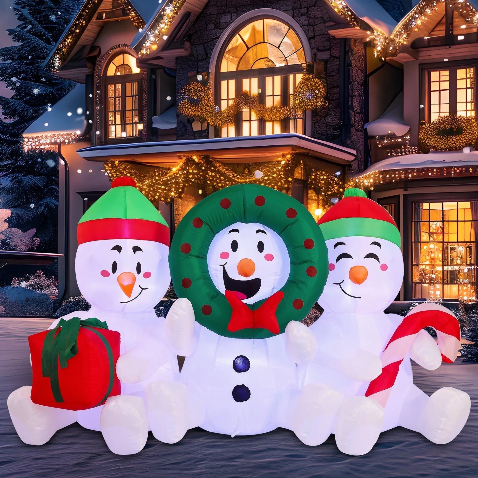 6 FT Inflatable Snowmen Outdoor Decoration with Built-In LED Lights – Three Sitting Snowmen Christmas Blow-Up for Yard, Lawn & Holiday Party Décor
