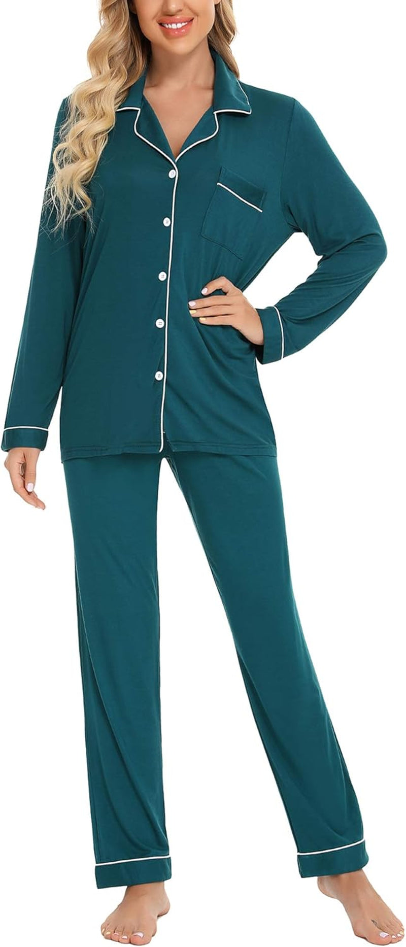Luxuriously Soft Women's Button-Up Pajama Set - Cozy Long Sleeve Shirt and Pants Lounge Set in Elegant Green (Sizes S-XXL)