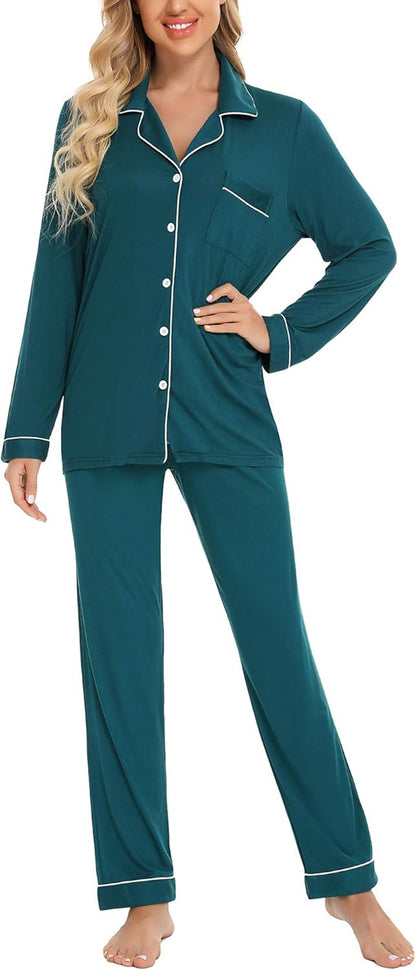 Luxuriously Soft Women's Button-Up Pajama Set - Cozy Long Sleeve Shirt and Pants Lounge Set in Elegant Green (Sizes S-XXL)