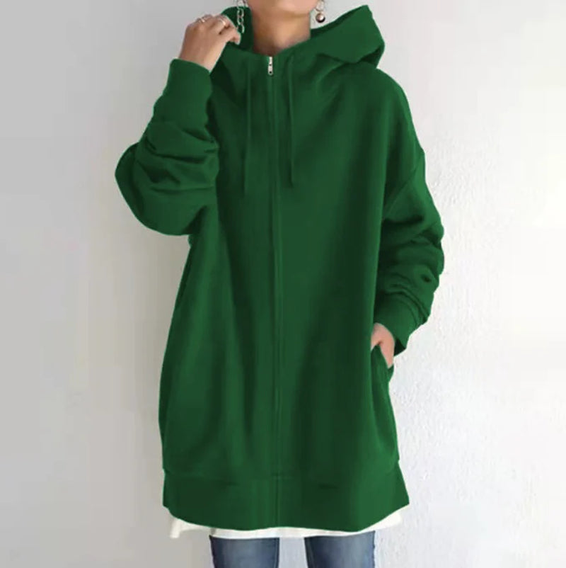 Women’s Oversized Hooded Coat – Long Zip-Up Velvet Sweatshirt, Tie-Collar Loose Fit Jacket (S–5XL)