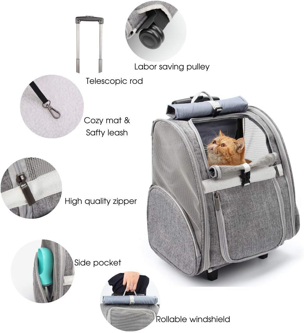 2-in-1 Rolling Pet Carrier Backpack, Grey — Telescopic Handle & Wheels, Breathable Mesh, Fits Small Dogs & Cats up to 16 lb.