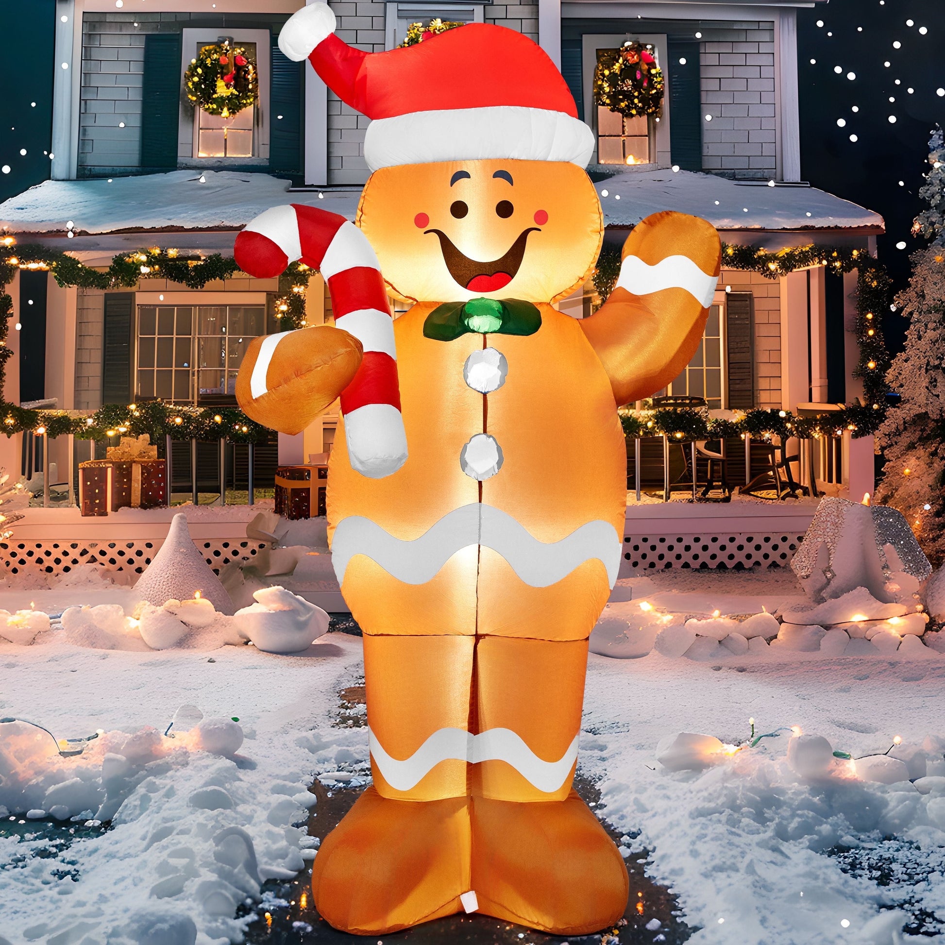 8 FT Inflatable Gingerbread Man with Candy Cane & LED Lights – Giant Christmas Blow-Up Outdoor Decoration for Yard, Garden & Holiday Party Décor