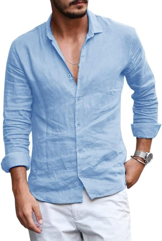 Runcati Men's Casual Long Sleeve Linen Cotton Shirt
