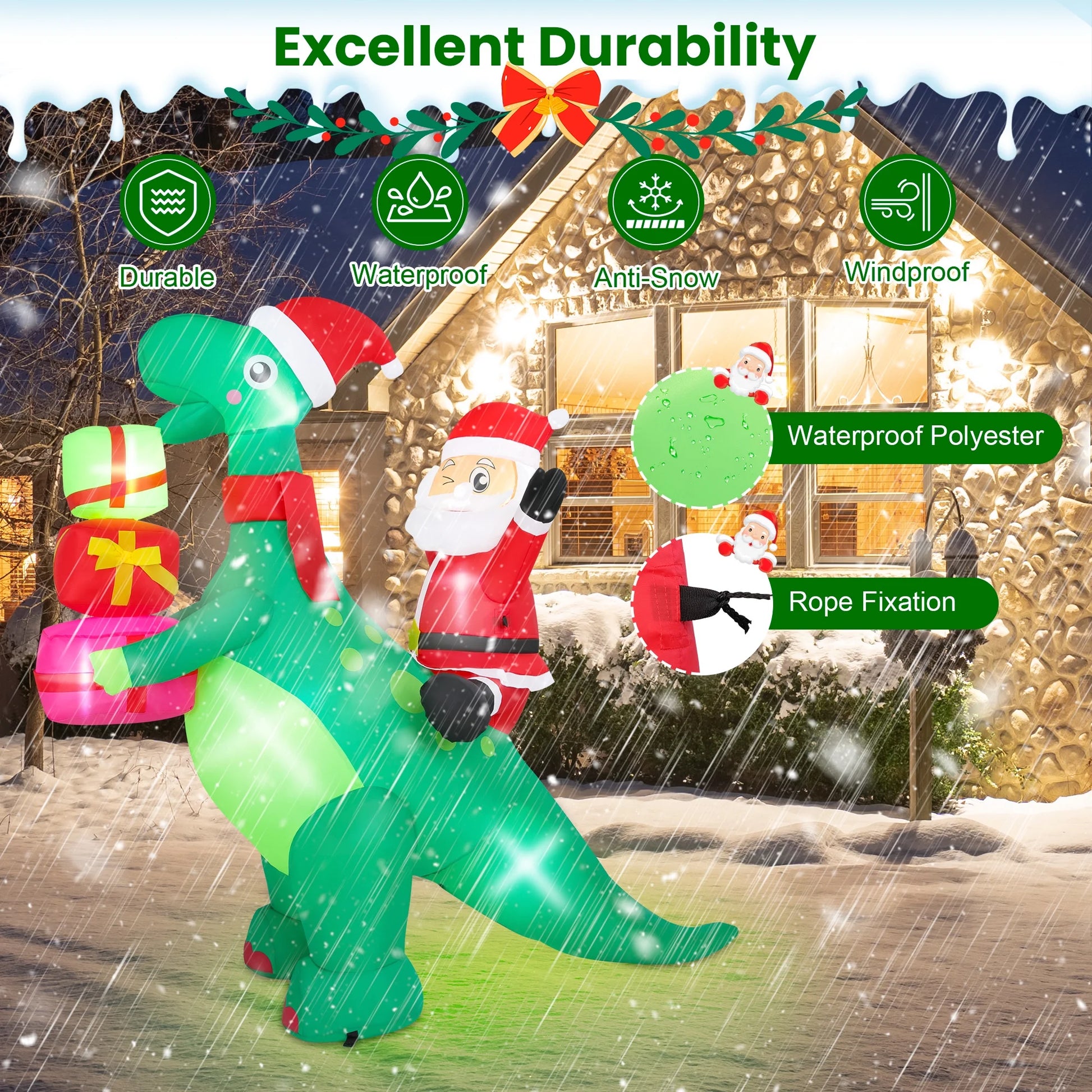 5 FT Inflatable Santa Claus Dinosaur with LED Lights – Blow-Up Christmas Outdoor Decoration for Yard, Garden, Lawn & Holiday Party Décor