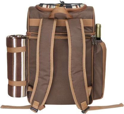 Picnic Basket Backpack for 4 – Insulated Leak-Proof Cooler, Wine Holder, Fleece Blanket & Full Cutlery Set