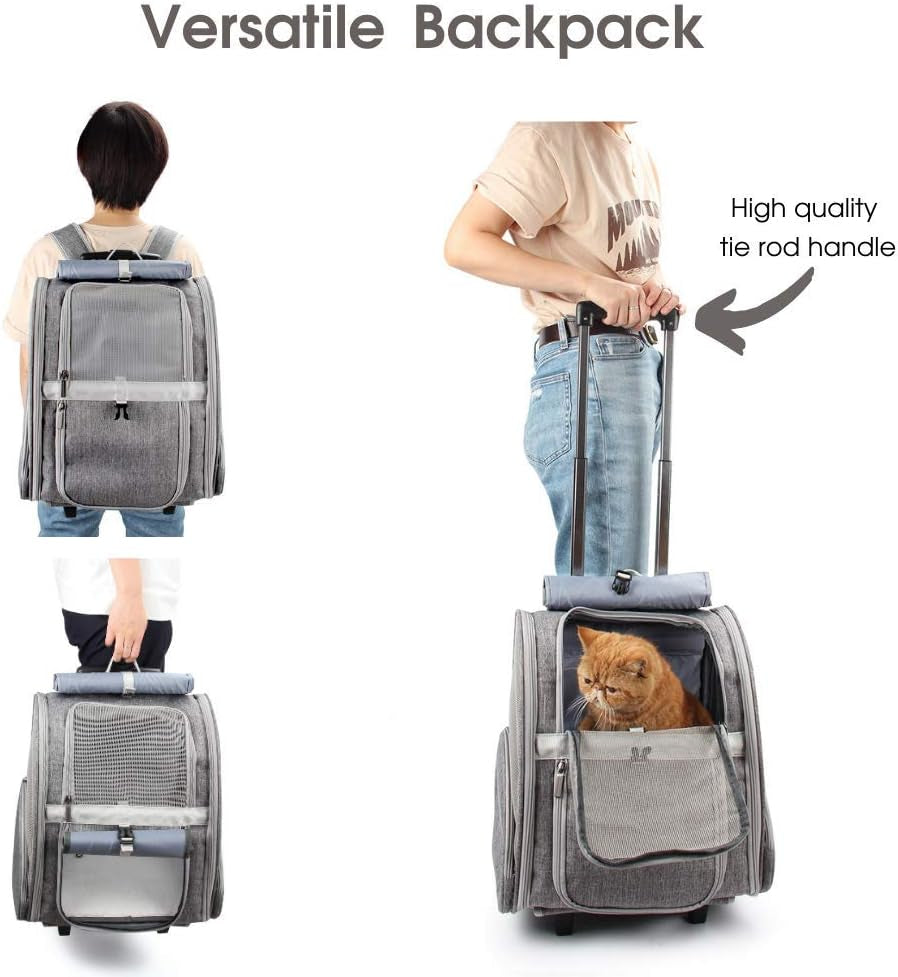 2-in-1 Rolling Pet Carrier Backpack, Grey — Telescopic Handle & Wheels, Breathable Mesh, Fits Small Dogs & Cats up to 16 lb.