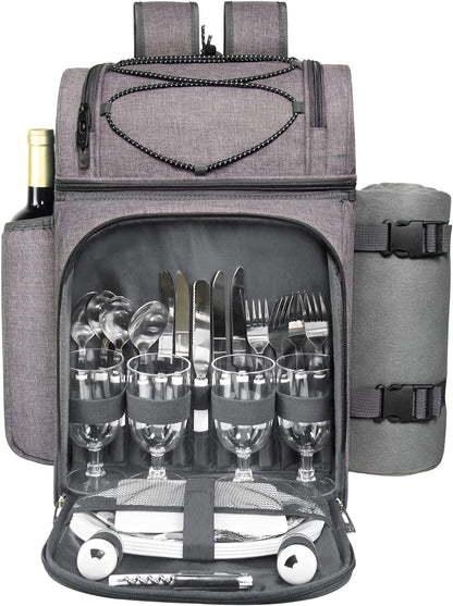 Picnic Basket Backpack for 4 – Insulated Leak-Proof Cooler, Wine Holder, Fleece Blanket & Full Cutlery Set