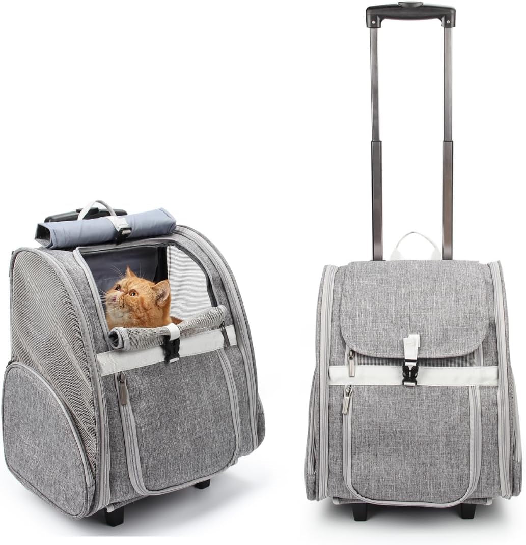 2-in-1 Rolling Pet Carrier Backpack, Grey — Telescopic Handle & Wheels, Breathable Mesh, Fits Small Dogs & Cats up to 16 lb.