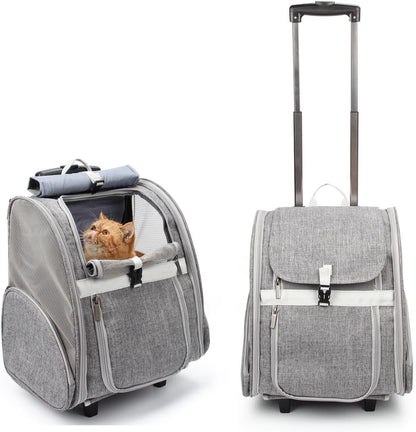 2-in-1 Rolling Pet Carrier Backpack, Grey — Telescopic Handle & Wheels, Breathable Mesh, Fits Small Dogs & Cats up to 16 lb.