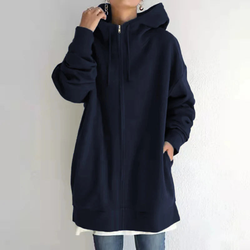 Women’s Oversized Hooded Coat – Long Zip-Up Velvet Sweatshirt, Tie-Collar Loose Fit Jacket (S–5XL)