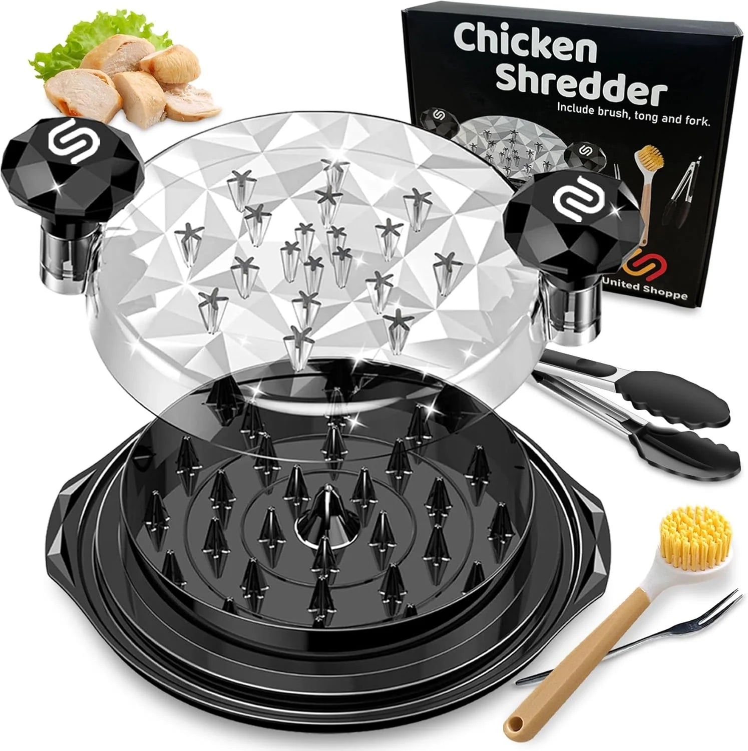 Transform Your Cooking with the 3-in-1 Pro Chicken Shredder Tool - Effortless Shredding for Chicken, Pork, and Beef with Included Cleaning Brush, Tongs & Fork - Heat Resistant, Dishwasher Safe & Anti-Slip Design